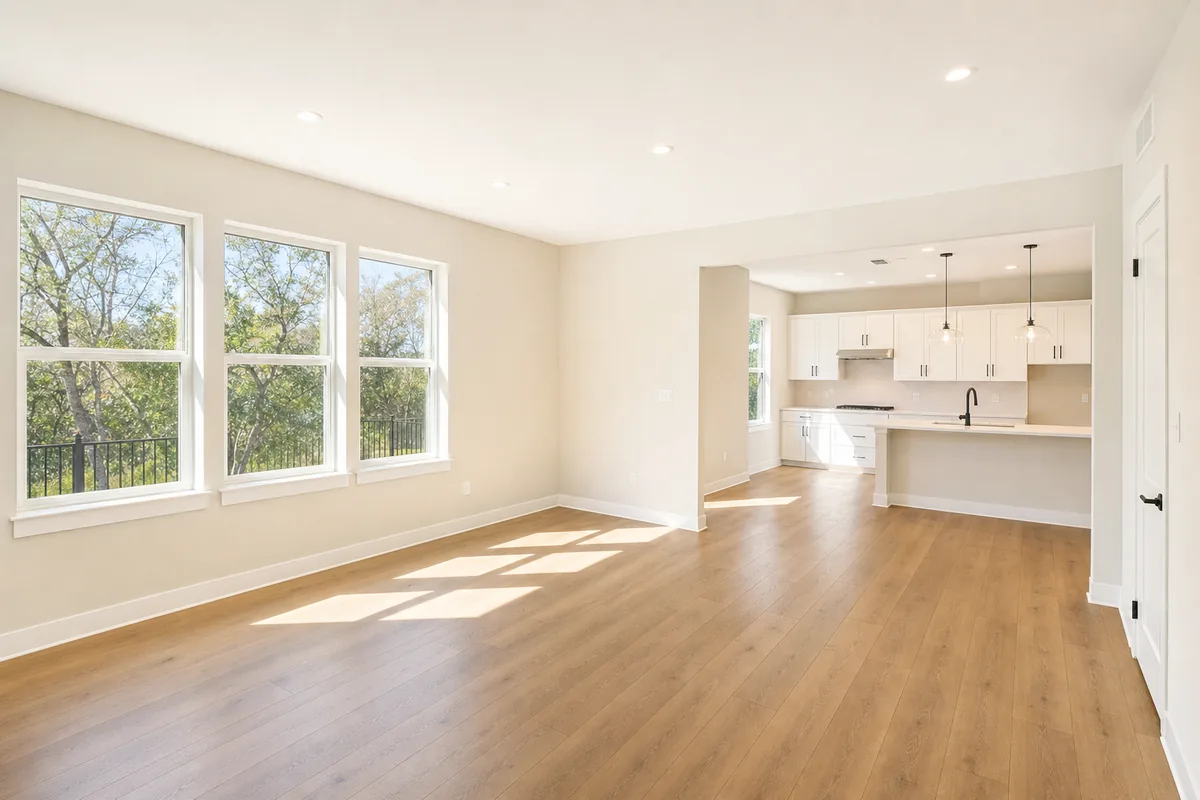 Bright open living room with wood-look plank flooring, large windows, and an adjoining white kitchen