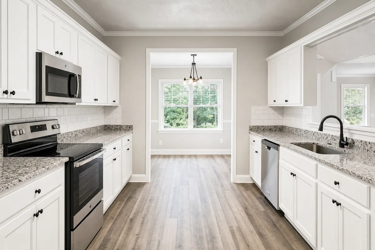Renovated kitchen with white shaker cabinets, granite counters, stainless appliances and a breakfast nook