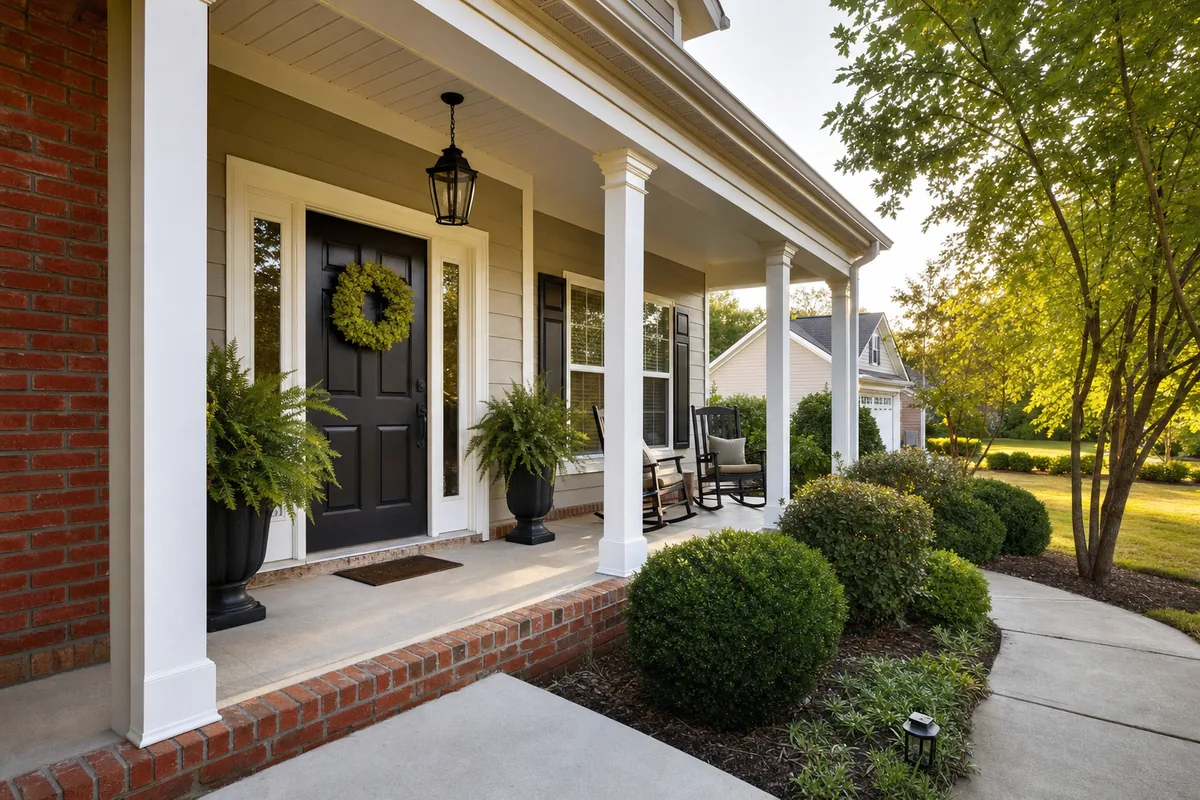 Covered front porch with white columns, black front door, rocking chairs and potted ferns