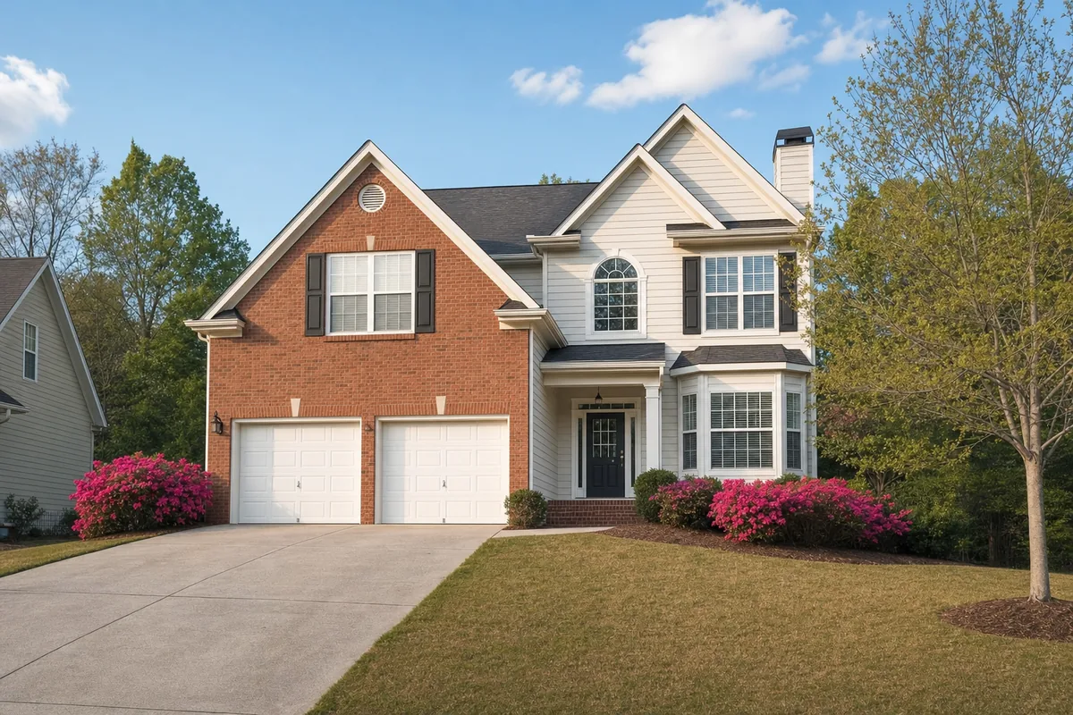 Two-story brick and siding single-family home with a two-car garage and landscaped front yard