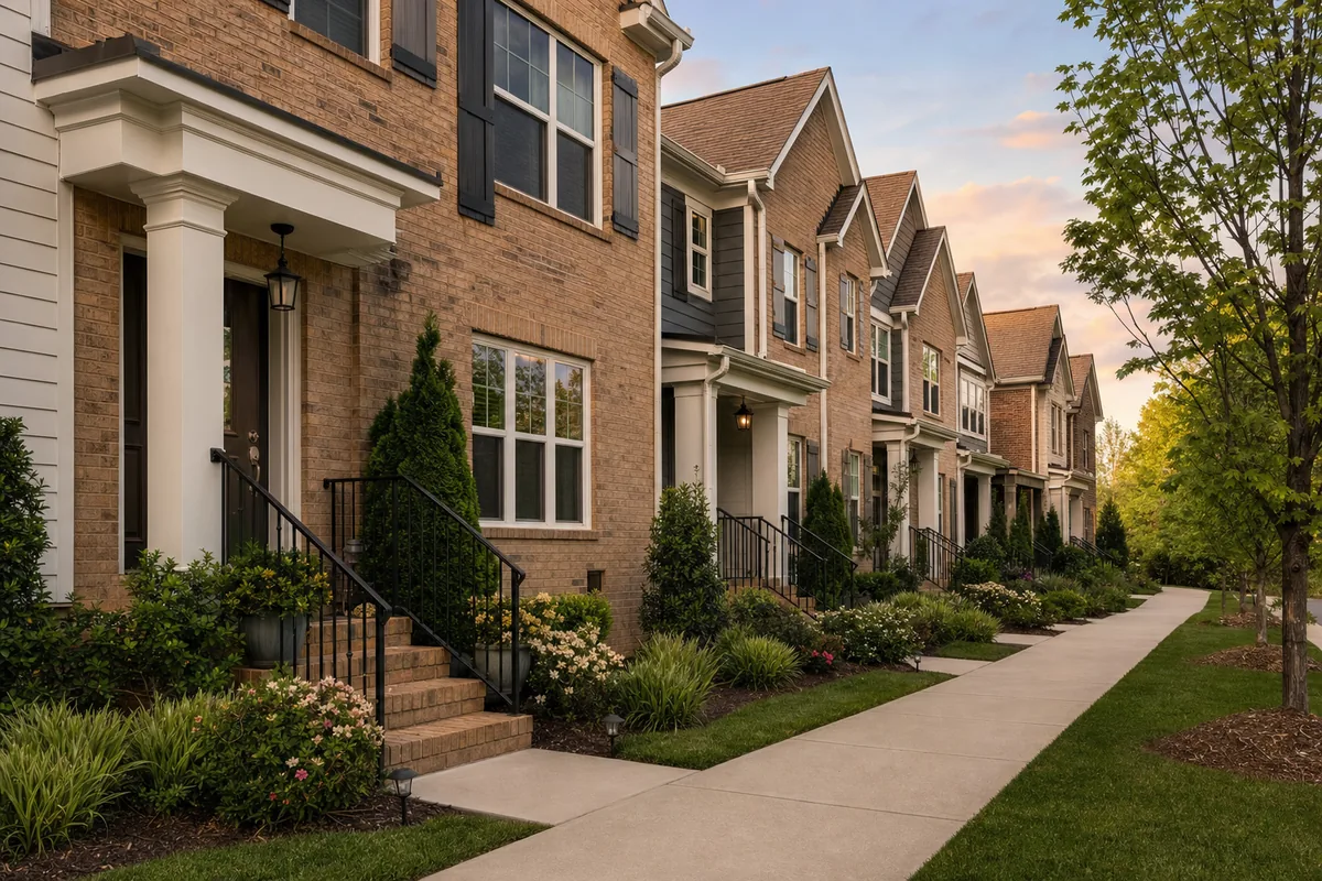 Row of well-kept brick townhomes with individual entry stoops and tidy plantings